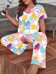 Tie Dye & Face Print Pajamas Two Piece Set