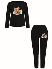 Women's Plus Cow & Cactus Print Top & Leggings Set