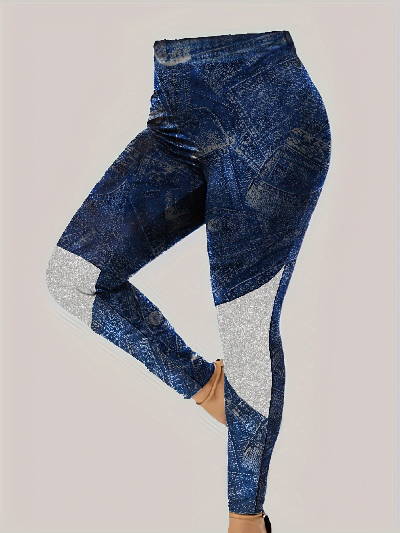 Denim Print Button Decor Top & Leggings Set