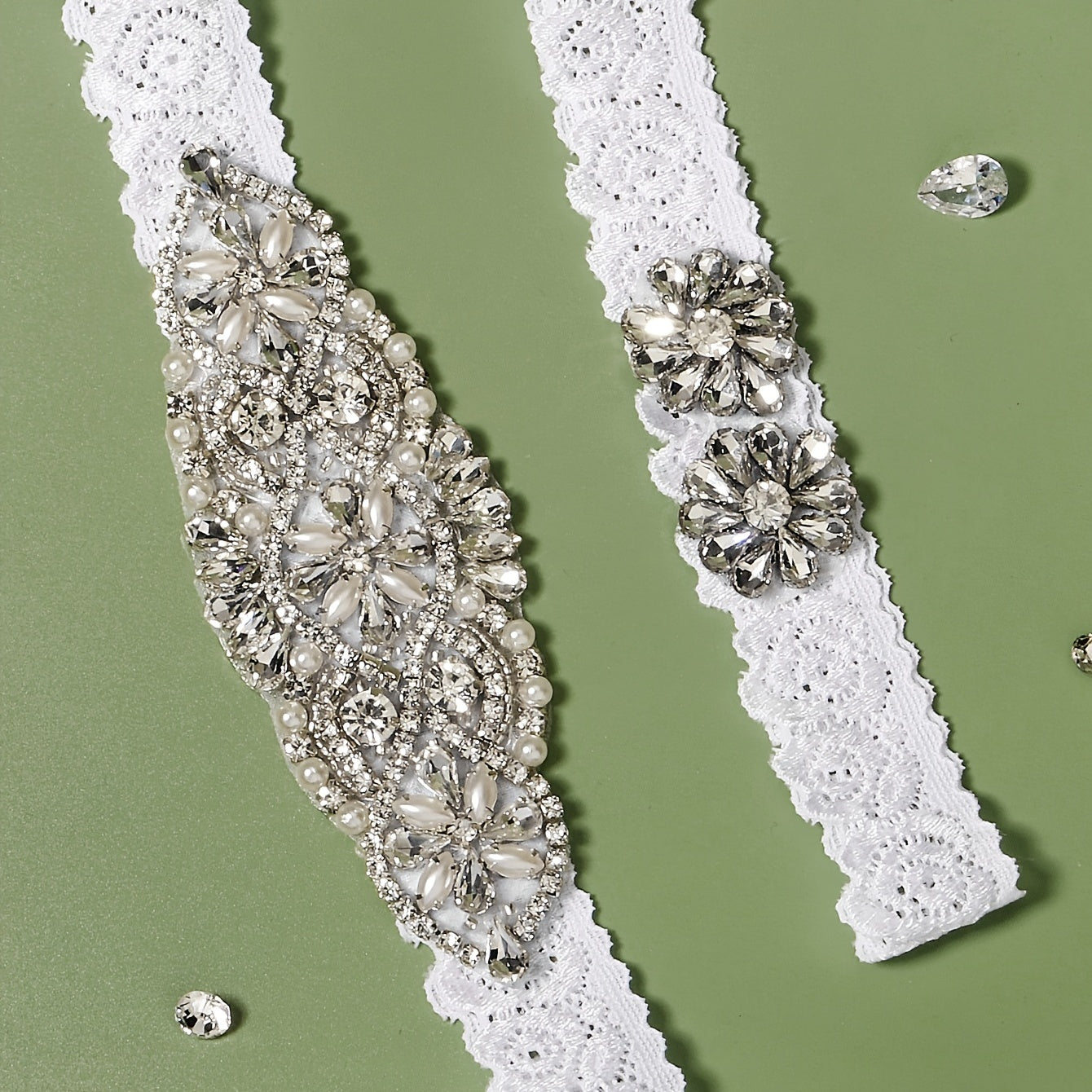Stretch Lace Bridal Garter Sets With Rhinestones & Faux Pearl - 2pcs set