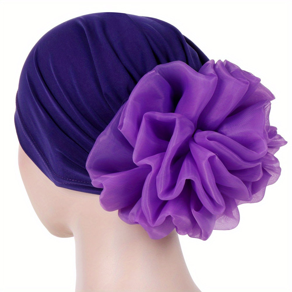 Satin Plate Flower Turban Cap Elastic Head Wrap Solid Ramadan Scarf for Women