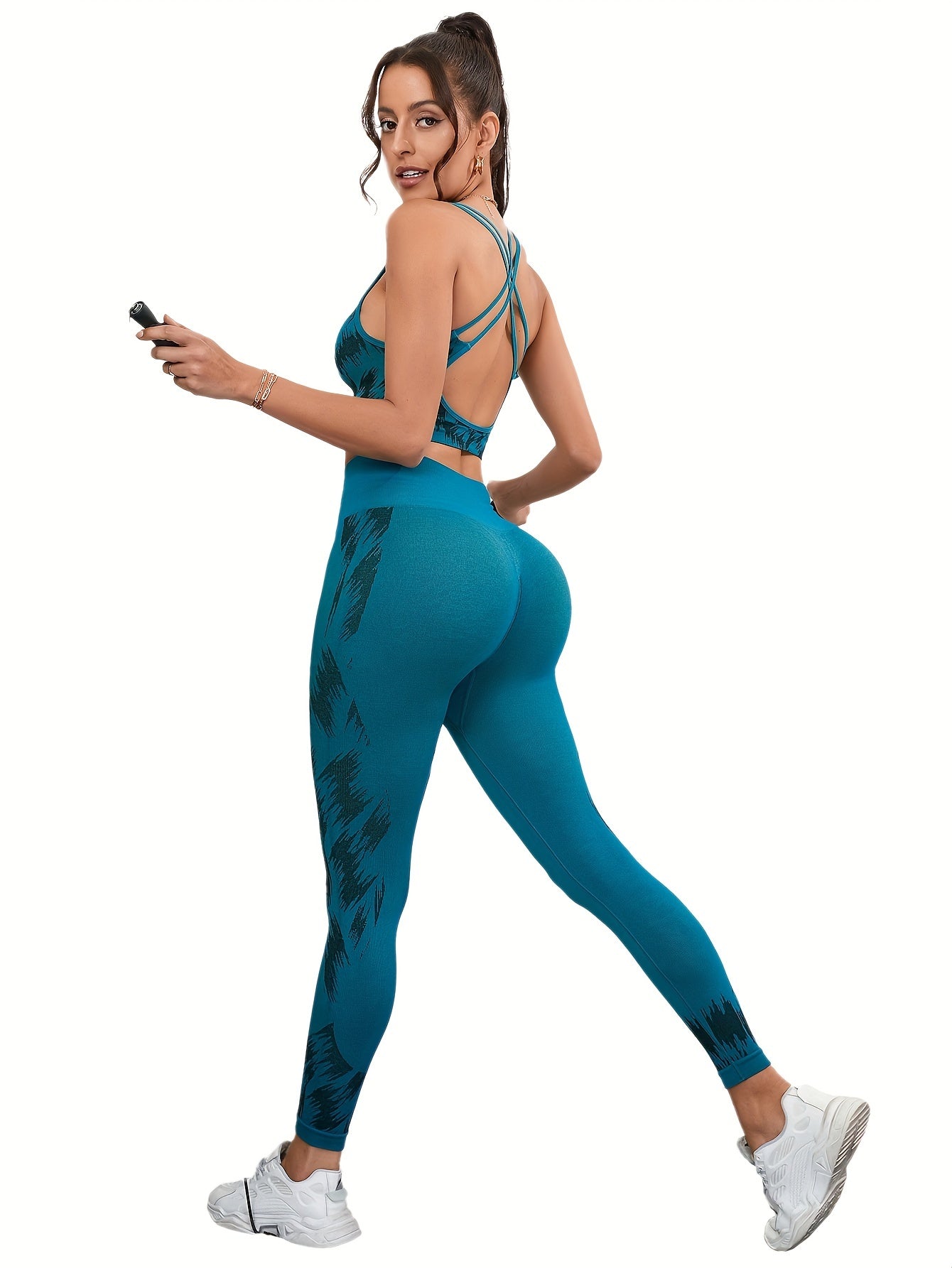 Print Hollow Yoga Fitness Bra & High Waist Hip Lift Fitness Leggings