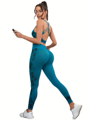 Print Hollow Yoga Fitness Bra & High Waist Hip Lift Fitness Leggings