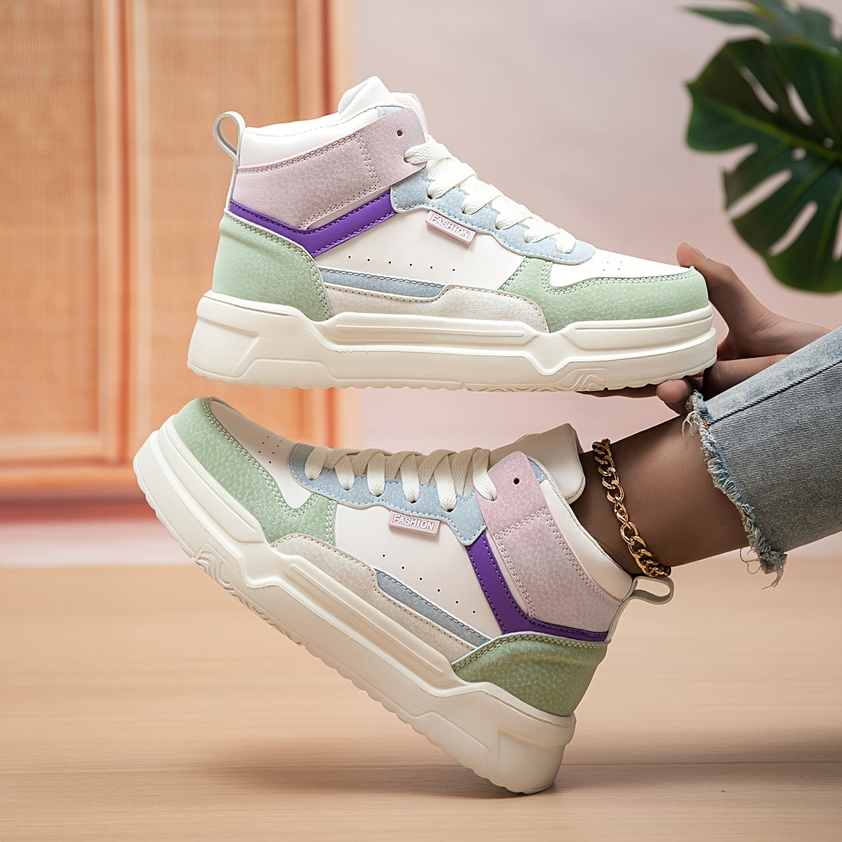 Women's Block Faux Leather Chunky Sneakers Casual Wear Resistance Non Slip Shoes