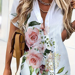 Plus Floral Print Polo Neck Short Sleeve Button Up Shirt