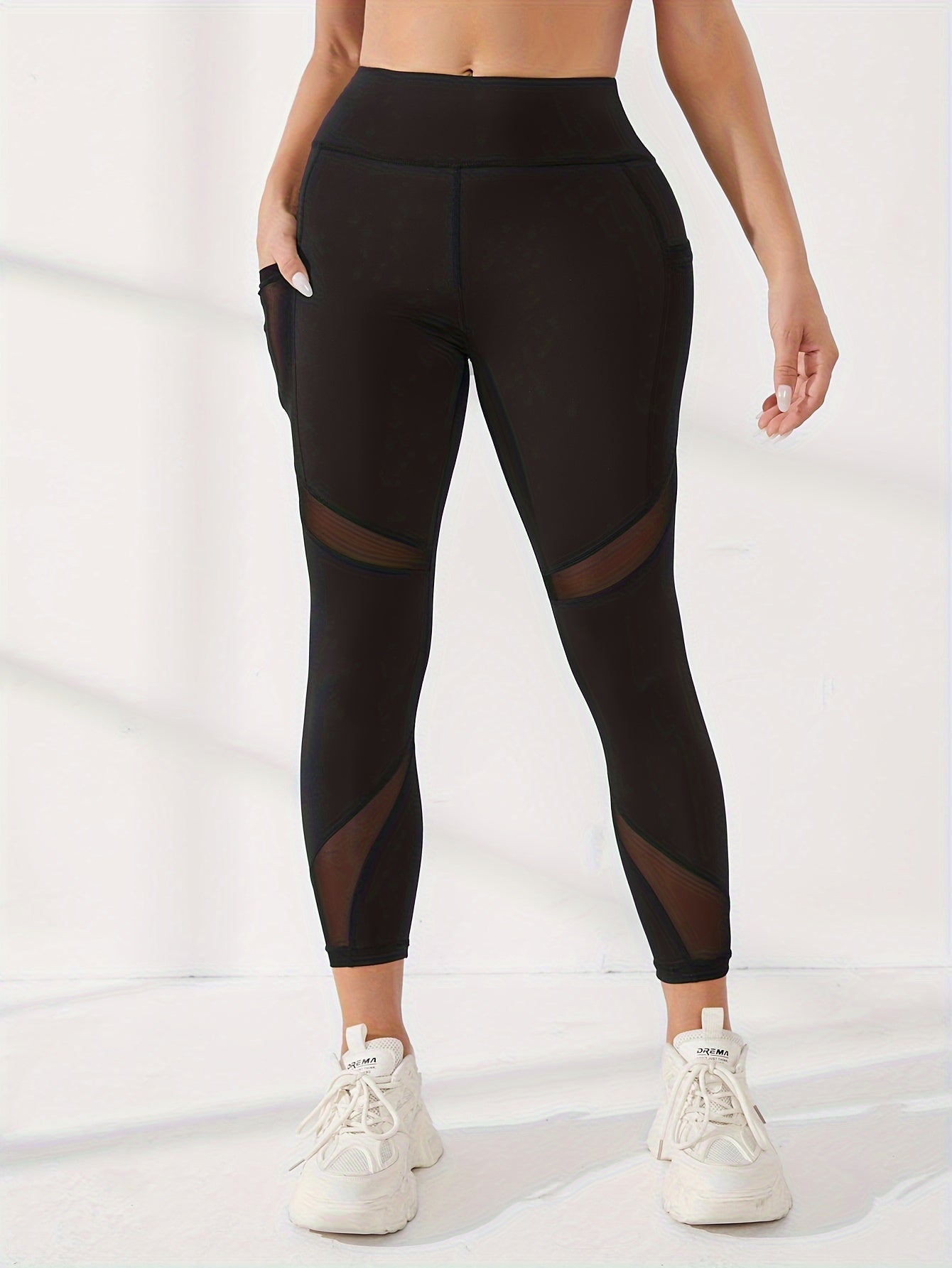 Mesh Contrast Breathable Sports Leggings With Pocket Yoga Pants