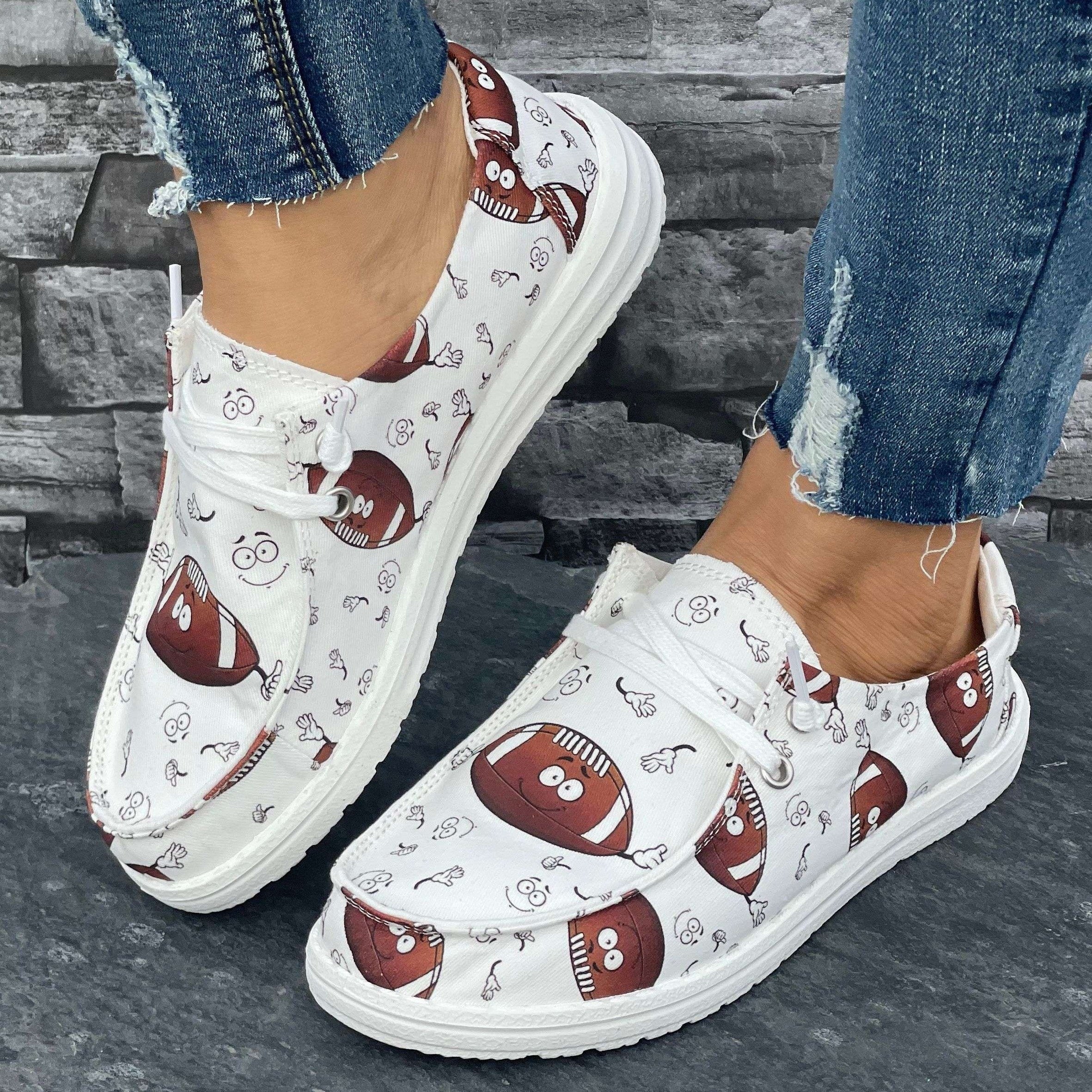Rugby Cartoon Pattern Flat Shoes Women's Casual Slip On Shoes