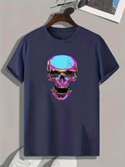Glitch Skull Print Men's Comfy T-shirt for Outdoor Summer