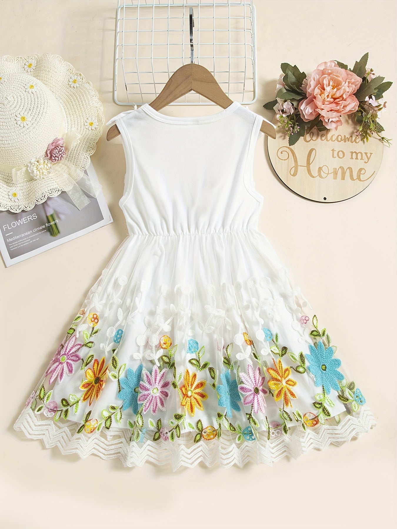 Toddler Girls Sleeveless Ruffle Trim Floral Embroidery Mesh Princess Dress