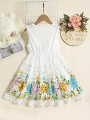Toddler Girls Sleeveless Ruffle Trim Floral Embroidery Mesh Princess Dress