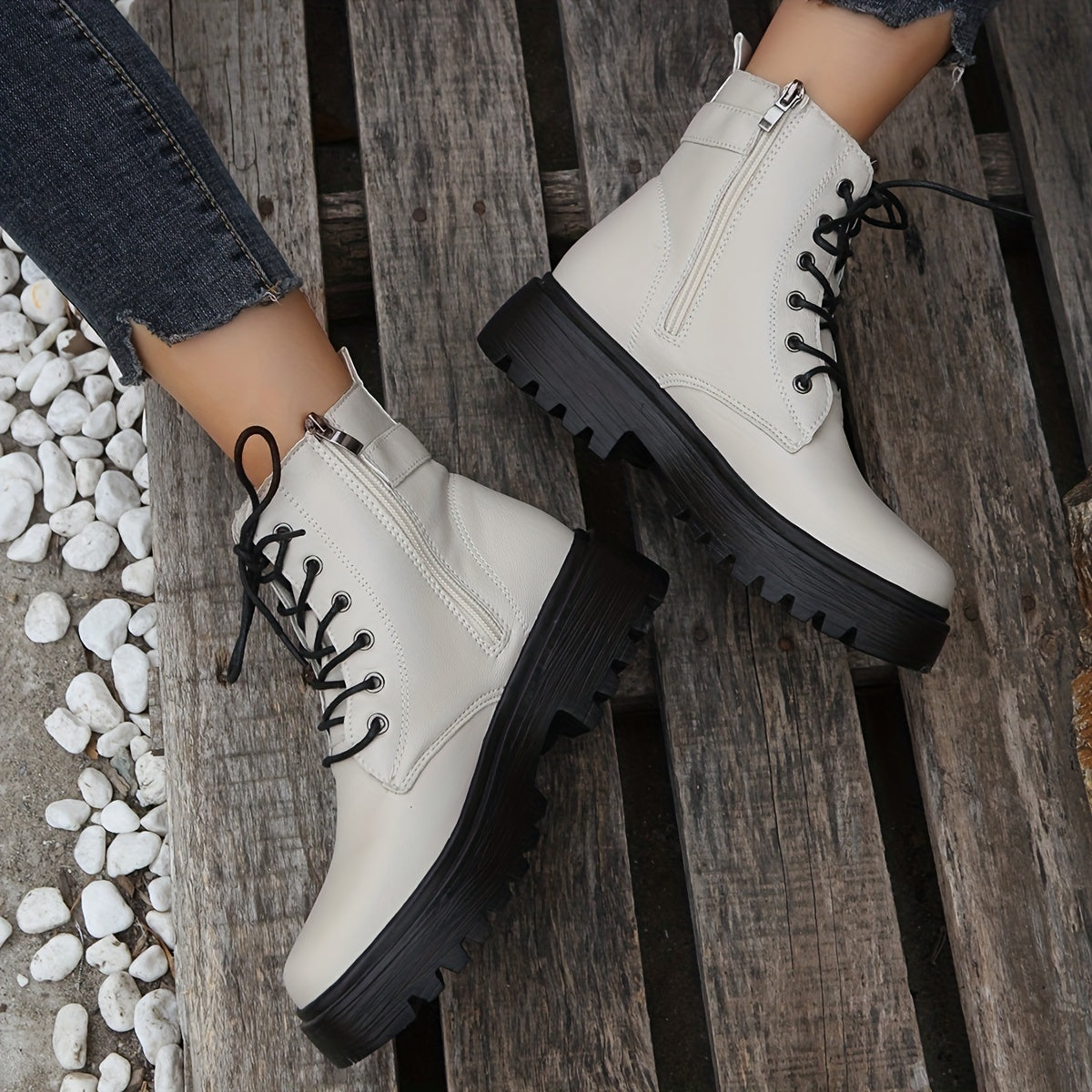 Women's Lace Up Short Boots Platform Waterproof Shoes