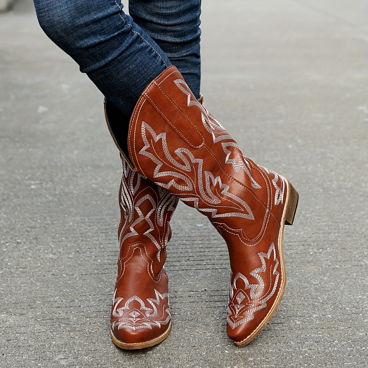 Embroidered Western Mid Calf Boots Cowgirl Pointed Toe Low Heel Slip On Boots