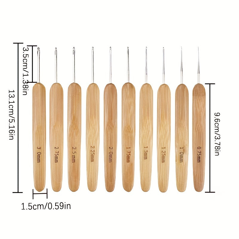 10pcs Carbonized Bamboo Handle Crochet Knitting Tools Set