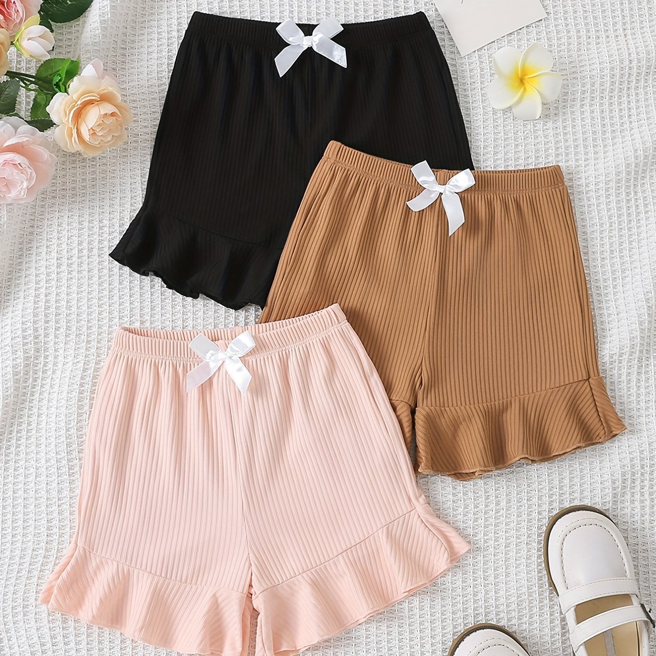 3pcs Girls Bowtie Ruffle Bottom Elastic Waist Shorts for Spring Summer