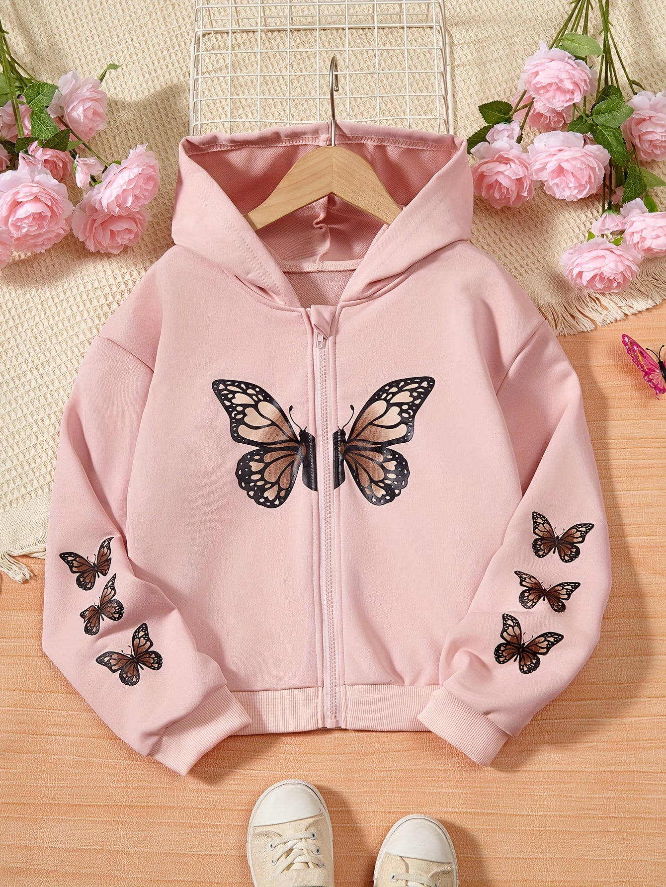 Girls' Butterfly Print Zipper Hoodie for Outdoors