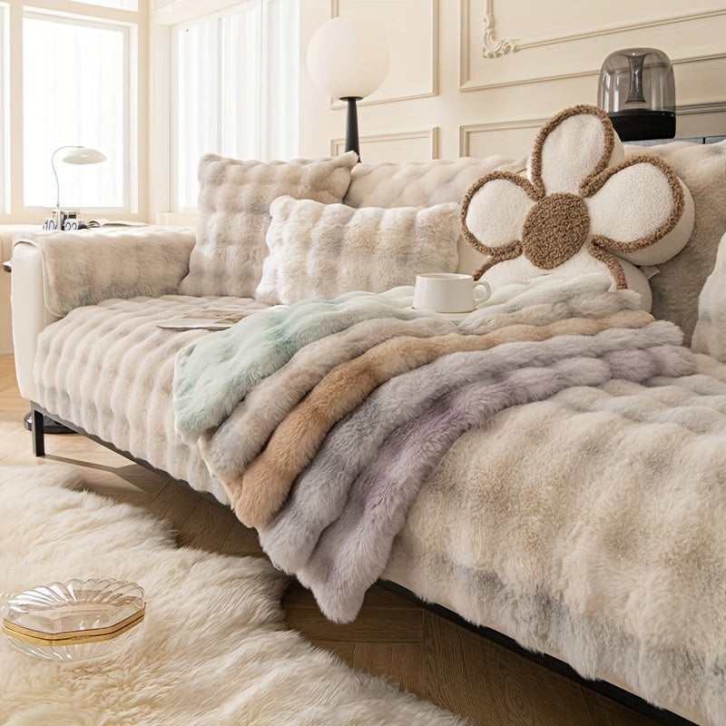 Gradient Faux Rabbit Plush Sofa Cover Winter Thickened Plush Sofa Slipcover