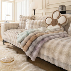 Gradient Faux Rabbit Plush Sofa Cover Winter Thickened Plush Sofa Slipcover