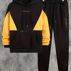 Men's Letter Print Hoodie & Sweatpants Set + Yellow Block Top