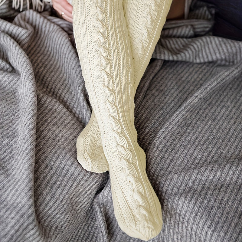 Women's Cable Knit Knee High Winter Stockings Beige