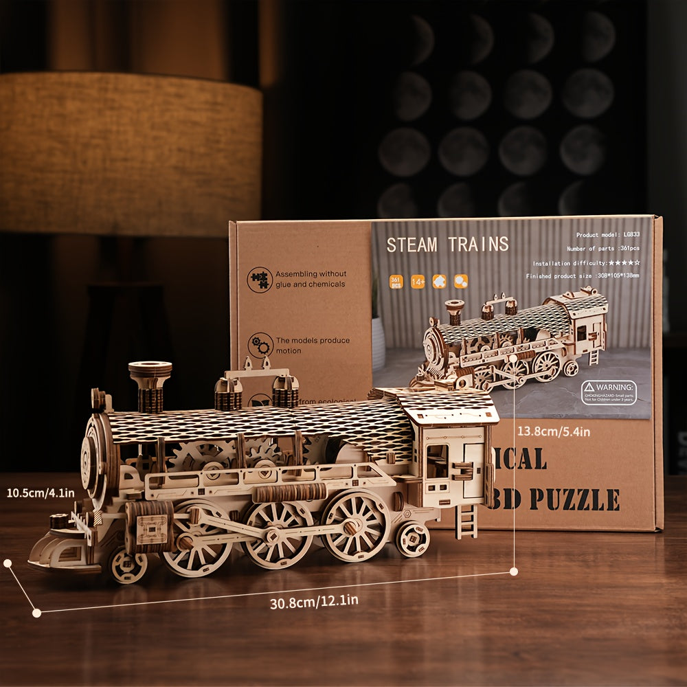 3D Wooden Train Model Puzzle DIY Handcrafted Building Block Kit
