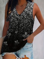 Snowflake Print V Neck Tank Top Medium Stretch