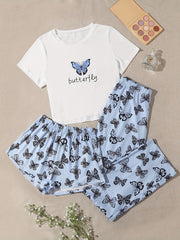 Butterfly Print 3pc Pajama Set Round Neck Cami Top Shorts Pants
