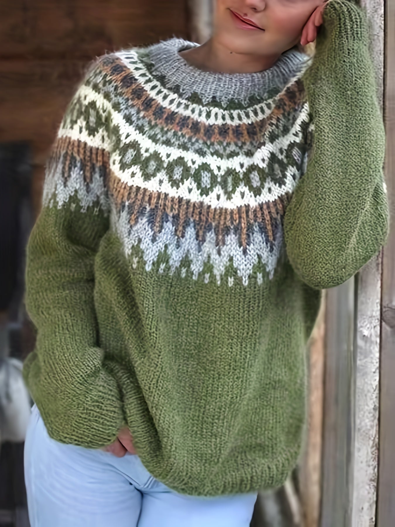 Fair Isle Pattern Crew Neck Sweater Vintage Long Sleeve Sweater