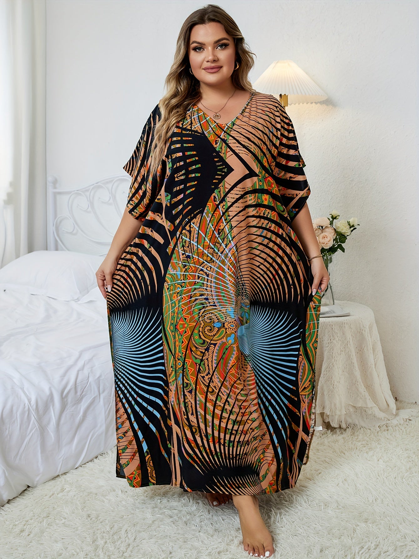 Boho Plus Size Cover Up Graphic Print V Neck Maxi Beach Dress