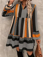 Polka Dot & Stripe Print Dress V Neck Long Sleeve Women's Clothing