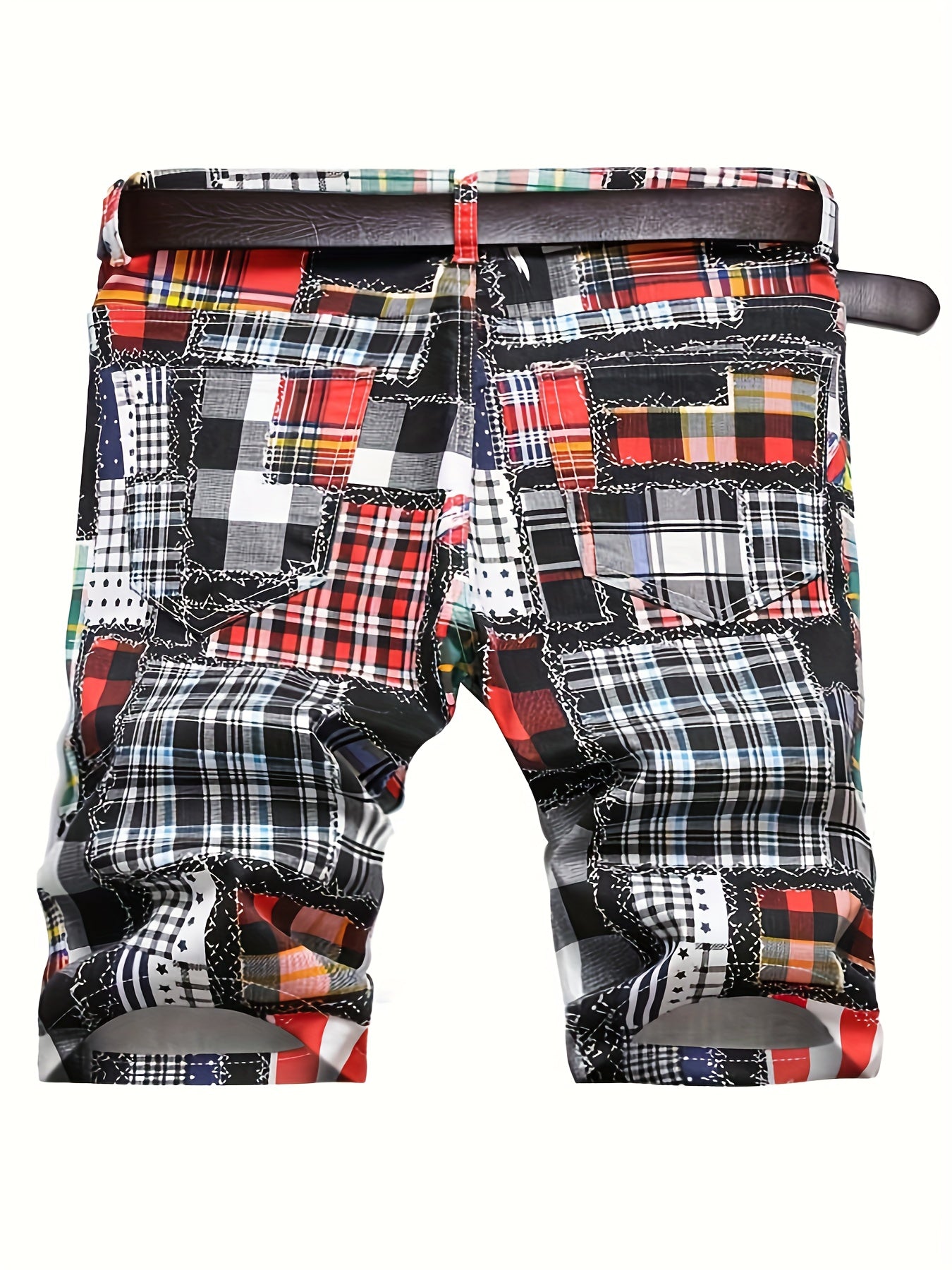 Plaid Pattern Ripped Denim Shorts Men's Street Style Slim Fit Distressed Shorts