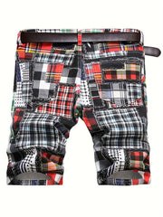 Plaid Pattern Ripped Denim Shorts Men's Street Style Slim Fit Distressed Shorts