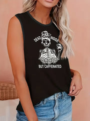 Halloween Tank Top Skull & Letter Print Round Neck Stretch Halloween