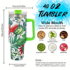 Green Plant Series Stainless Steel Tumbler Insulation Cup With Lid And Straw