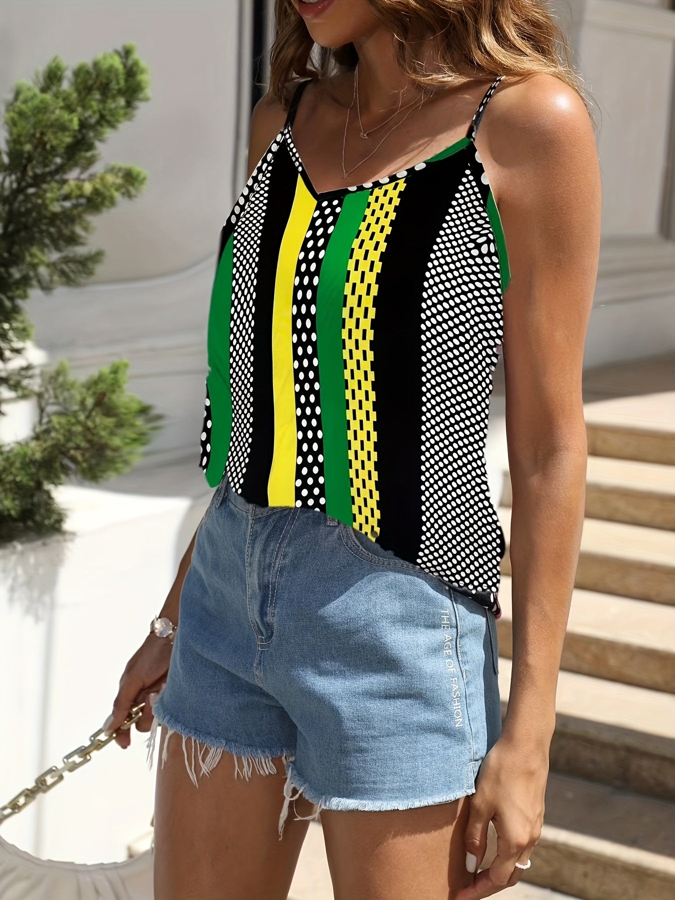 Striped Print Cami Top V Neck Summer Sleeveless Top