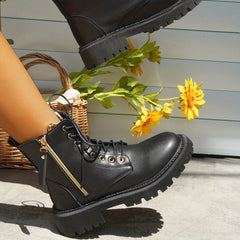 Women's Solid Combat Boots Lace Up Side Zipper Ankle Boots
