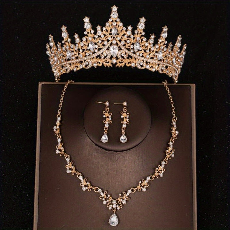 Silvery Crystal Bridal Jewelry Set Rhinestone Tiara Crown Necklace Earrings