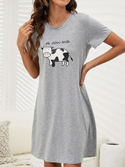 Cartoon Cow Pattern Lounge Dress Soft & Comfy Short Sleeve Home Dress
