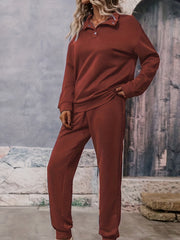 Solid Long Sleeve Lapel Collar Pullover & Joggers Set