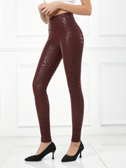 Leopard Print Faux PU Leather Sports Leggings High Waist Running Yoga Skinny Pan
