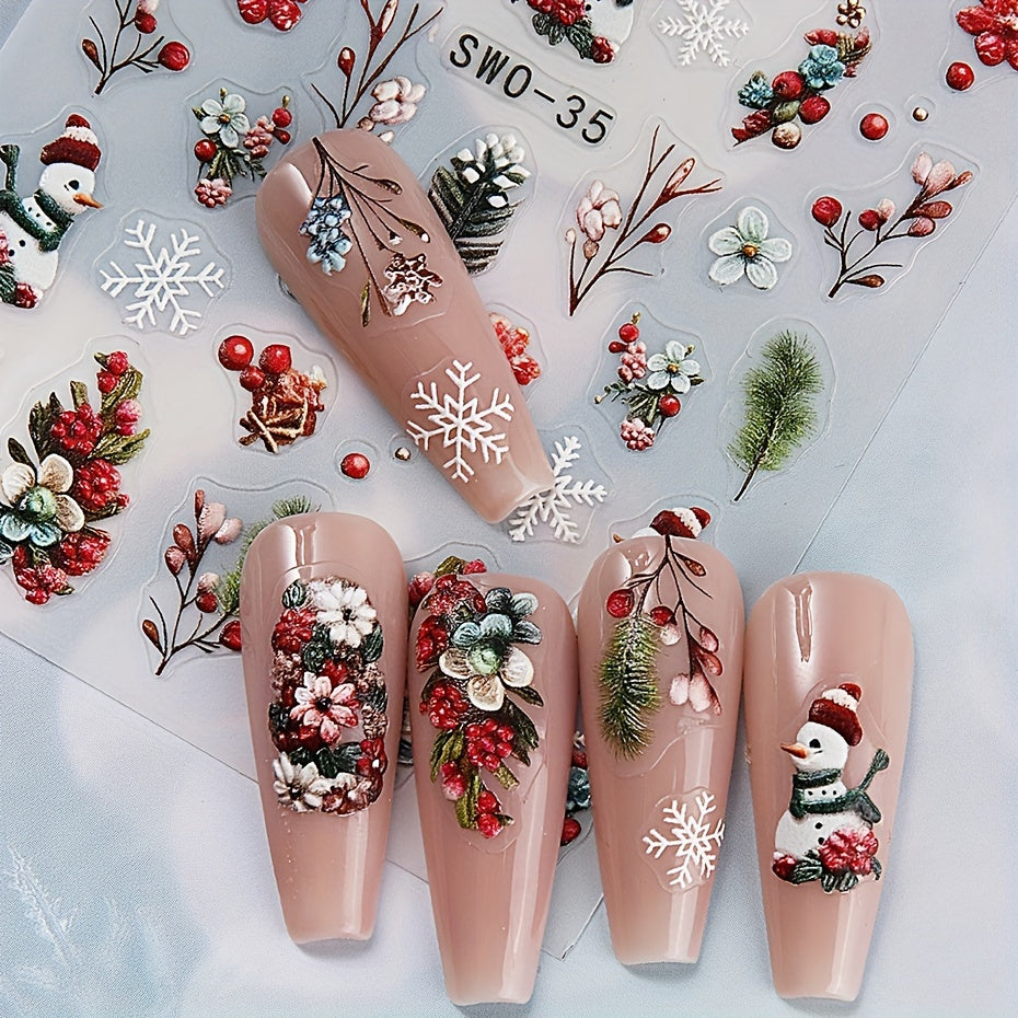2pcs Christmas Nail Art Stickers 3D Snowman Snowflake Self Adhesive