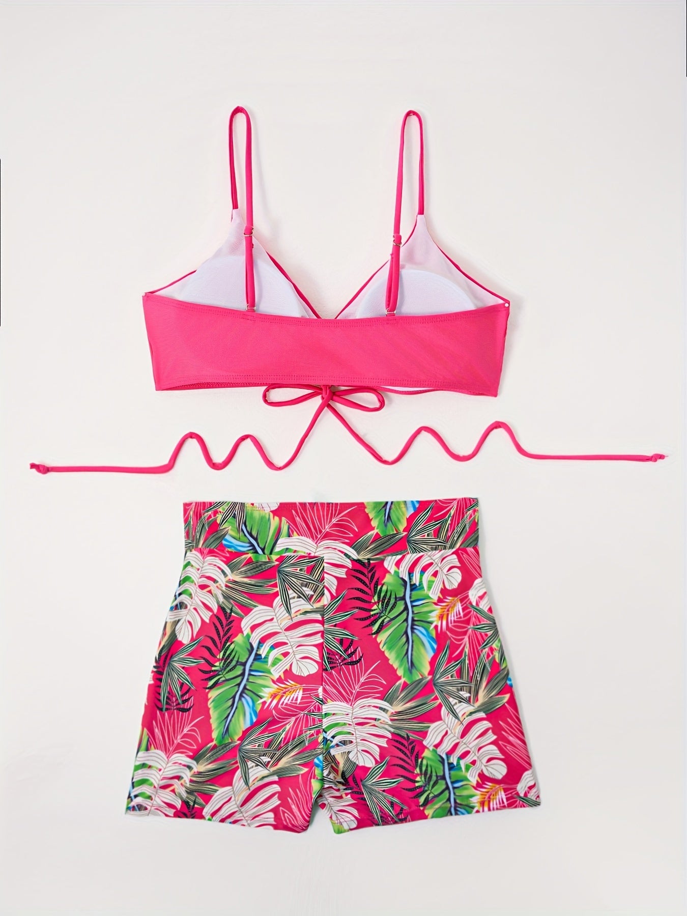Vacay Bikini Set Solid Lace Bra & Leaf Print Short
