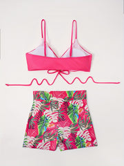 Vacay Bikini Set Solid Lace Bra & Leaf Print Short