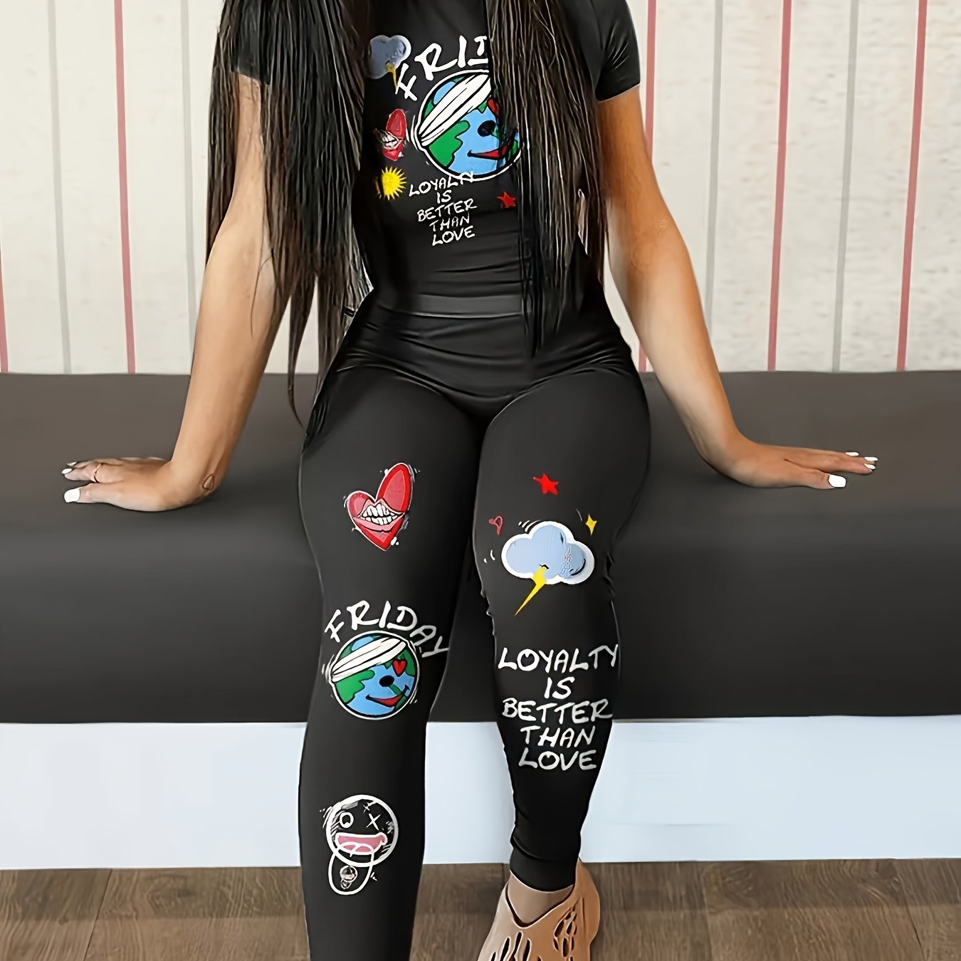 Women's Plus Graphic & Letter Print Short Sleeve Top & Leggings Set