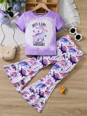 2pcs Toddler Girls Dinosaur T Shirt & Flare Leg Pants Set