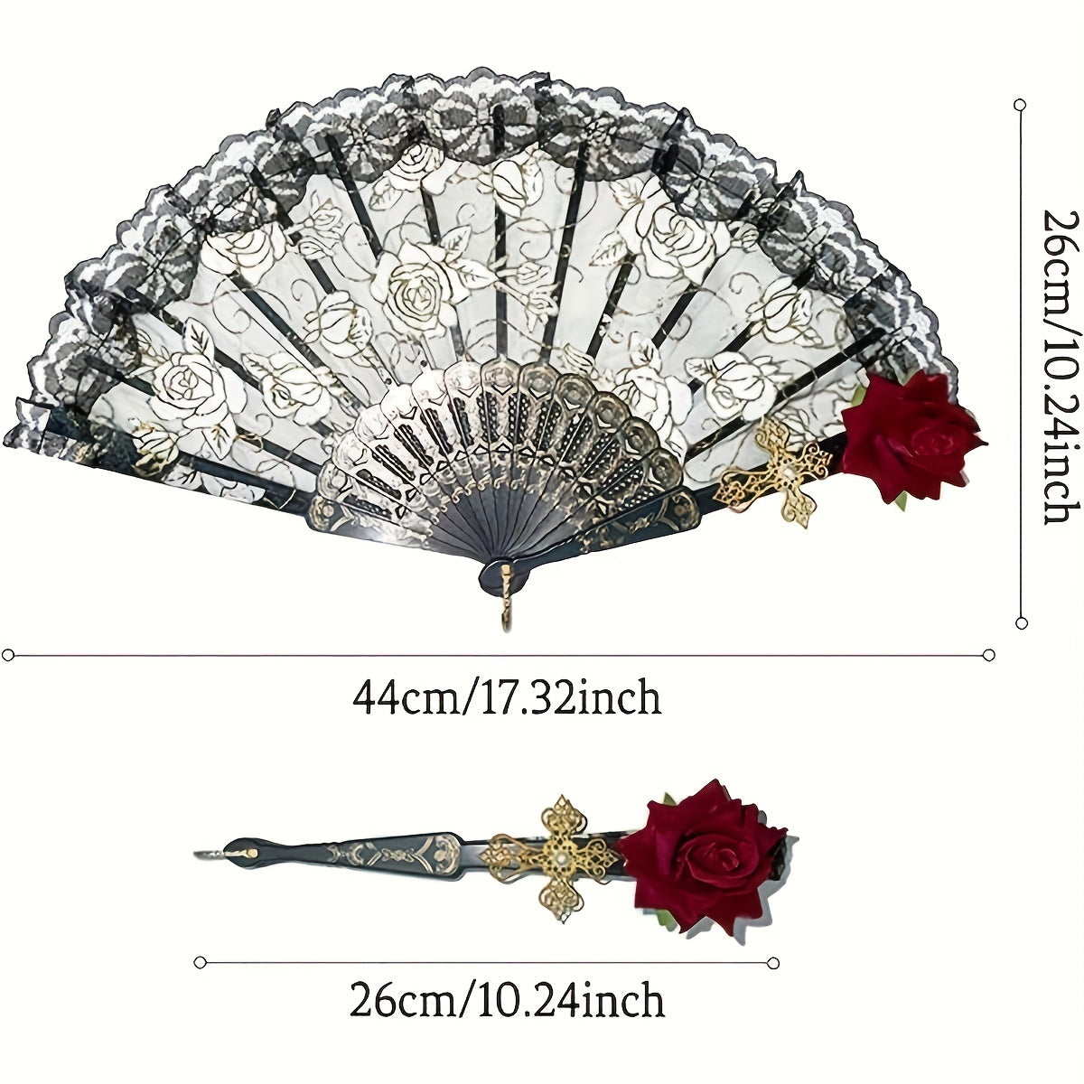 Vintage Folding Fan Spanish Style Rose Lace Cocktail Tea Party Accessory