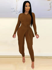 Solid Casual 2pc Set Asymmetrical Knotted Tops & High Waist Pants