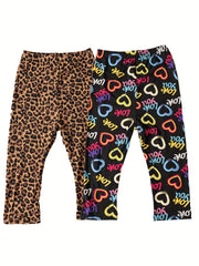 2pcs Girls Leopard Leggings Pants Outside Wear Slim Fit All match
