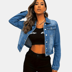 Dark Washed Crop Denim Jacket Long Sleeves