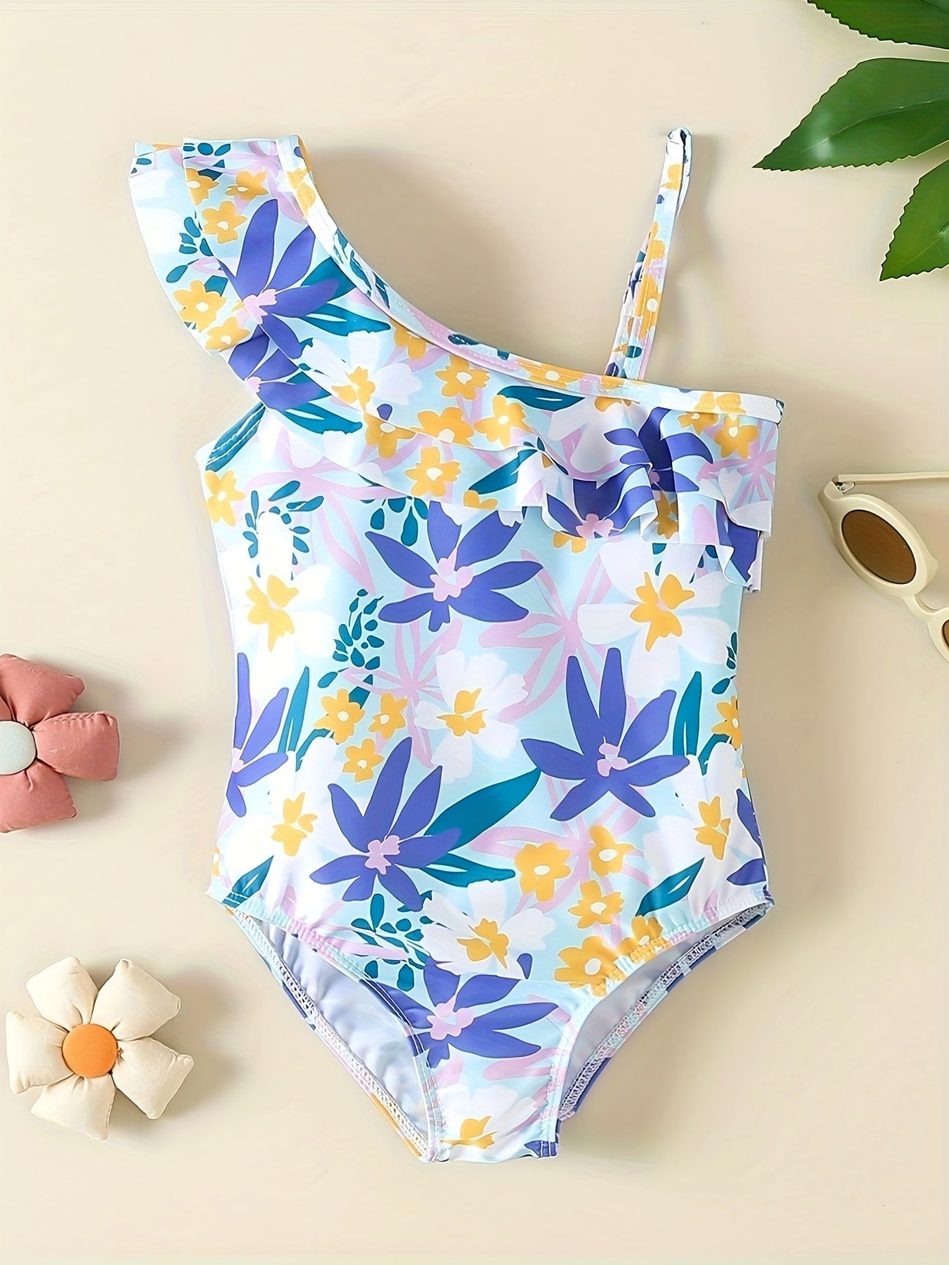 Girls' Green Floral One Shoulder Swimsuit with Ruffled Trim
