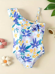 Girls' Green Floral One Shoulder Swimsuit with Ruffled Trim